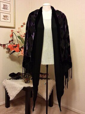 Linea Domani High Quality Knit Cardigan Draped Black Sweater with Purple Scarf M